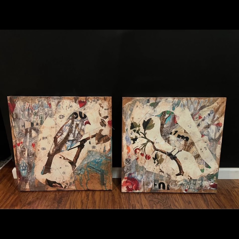 Pair of mixed media bird art prints- “Lucky in Love” 1 & 2